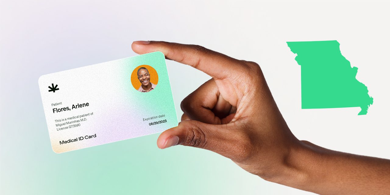 graphic of a person holding a medical card white green outline of Missouri in background