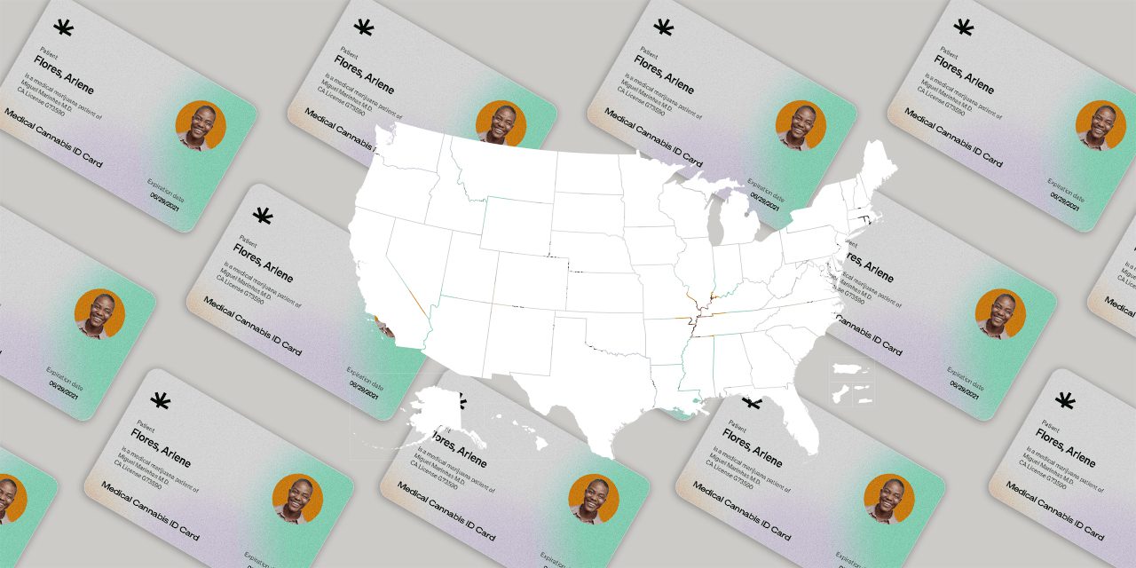 white blank map of USA with medical marijuana card as background