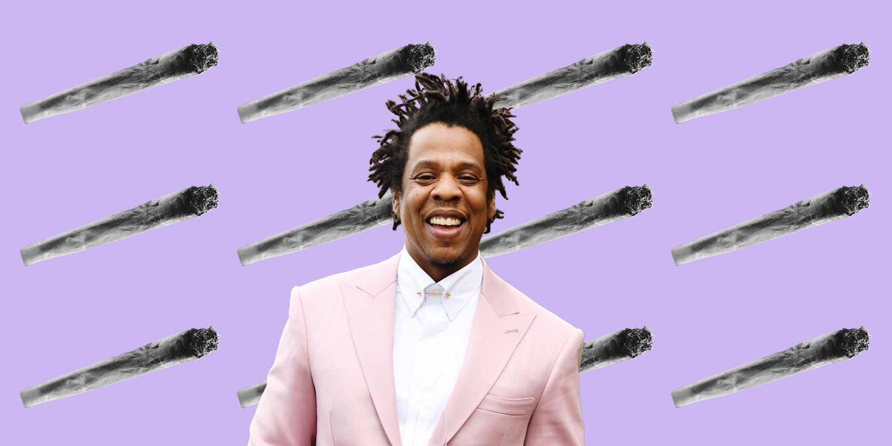 portrait of Shawn “Jay-Z” Carter with weed sticks as background