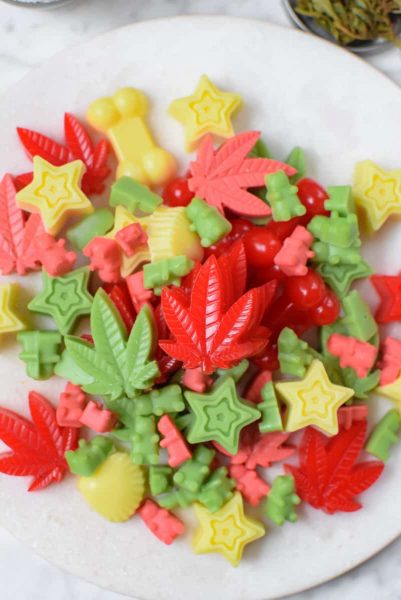 closeup of colorful cannabis gummies in shapes