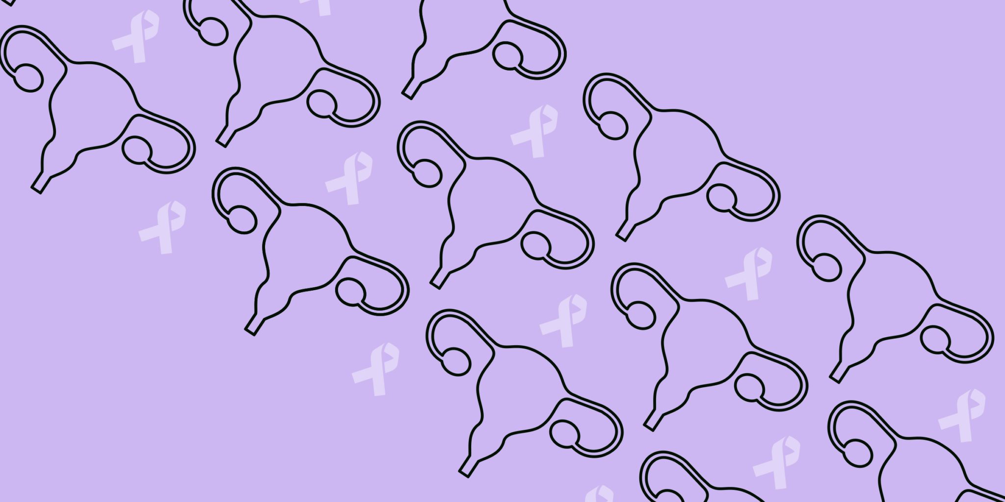 graphic of female uterus and cancer ribbon on purple backround