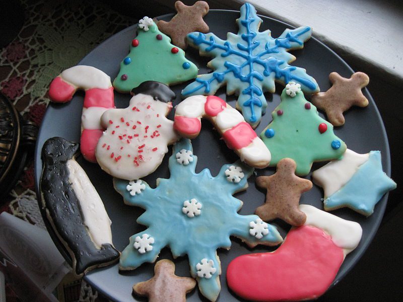 A plate of colorful Christmas cookies.