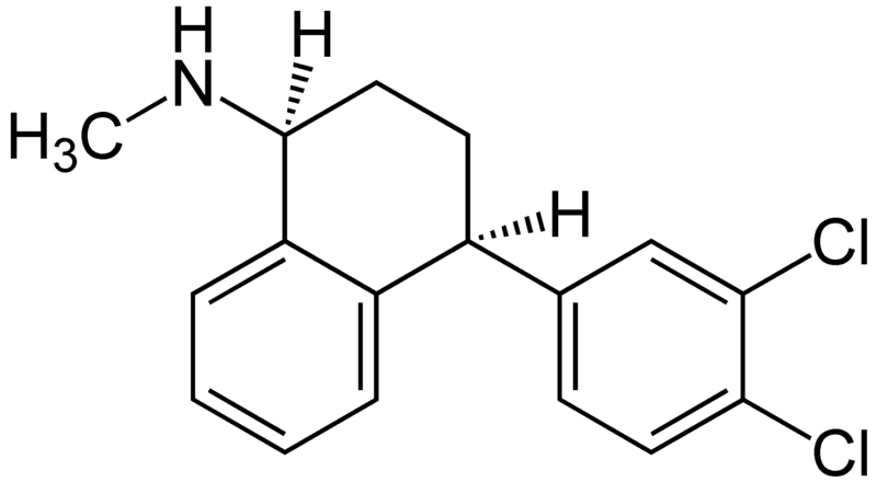 Sertraline chemical formula - an antidepressant often used for the treatment of PTSD.