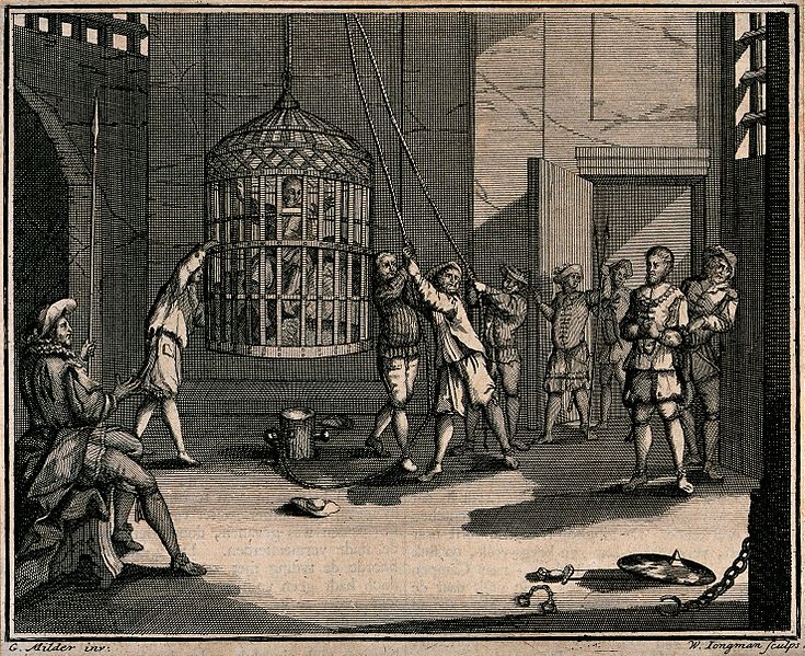A prisoner is shown a cage which is suspended from the ceiling; Joannes van Milder; W. Longman; Iconographic Collections; imprisonment; prisoner.