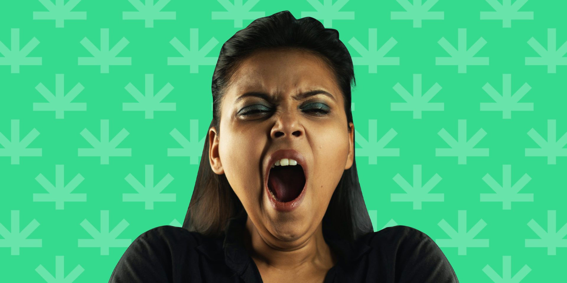 closeup of a woman yawning in a green background with Leafwell's logo