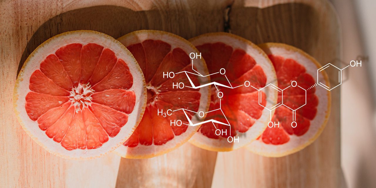 Naringin chemical compound structure with sliced grapefruit as background