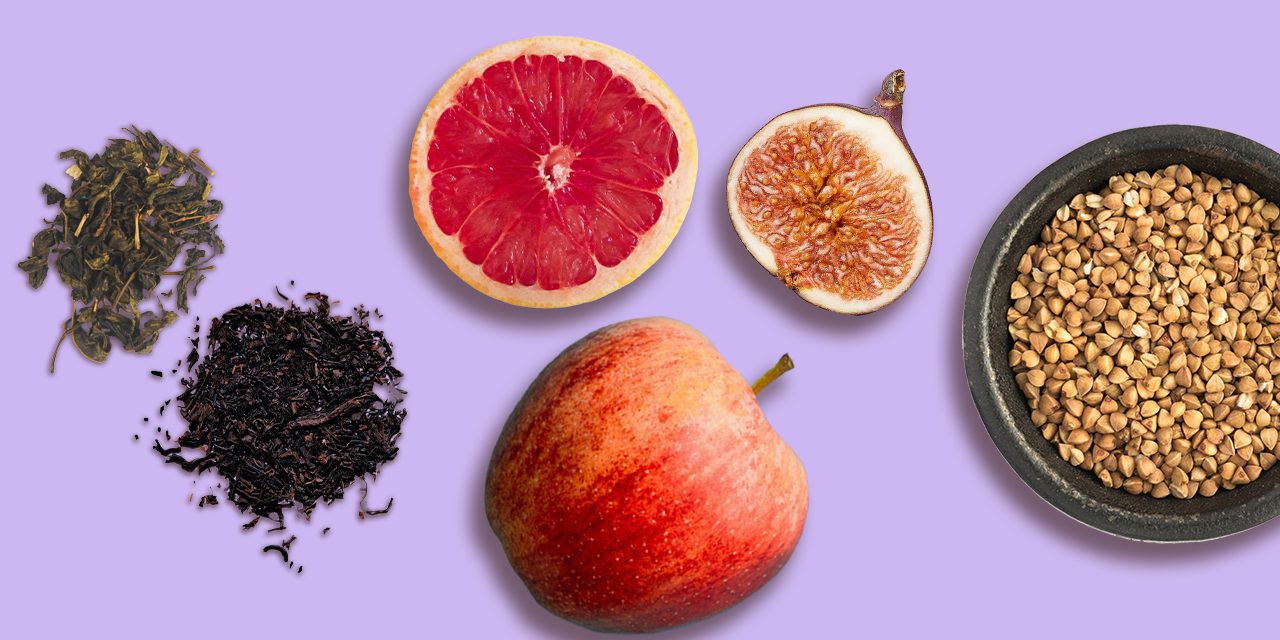 green tea, black tea, citrus fruit, apple, fig and bowl of buckwheat in purple background