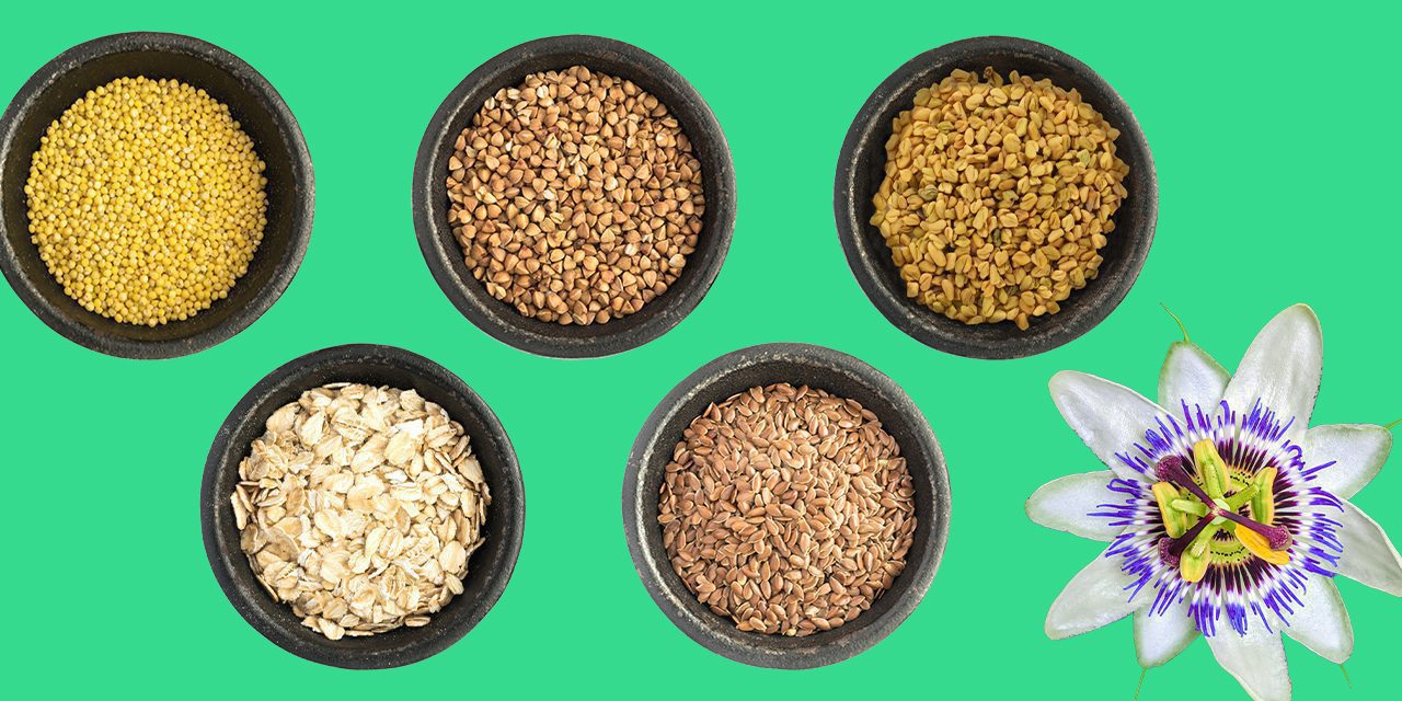 a range of grains in bowls (millet,buckwheat, fenugreek flax) and passion flower
