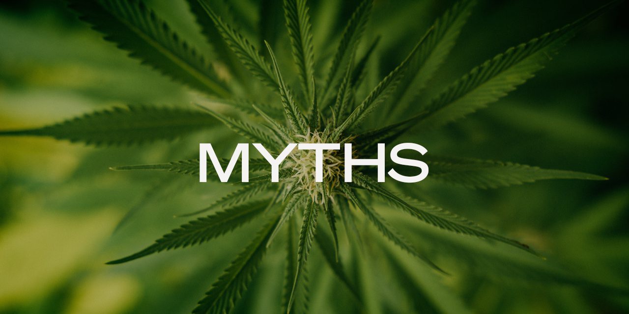Palabra Mitos, con hoja de marihuana de fondo
