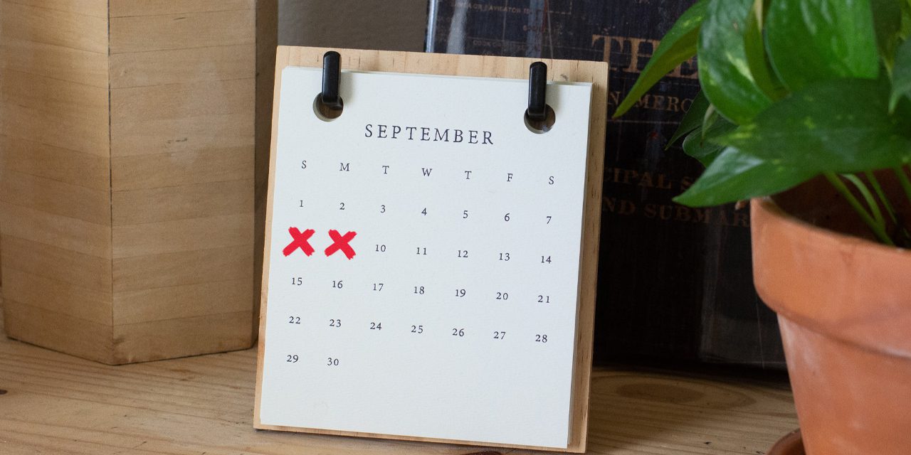 table top calendar with dates 8 and 9 marked as X