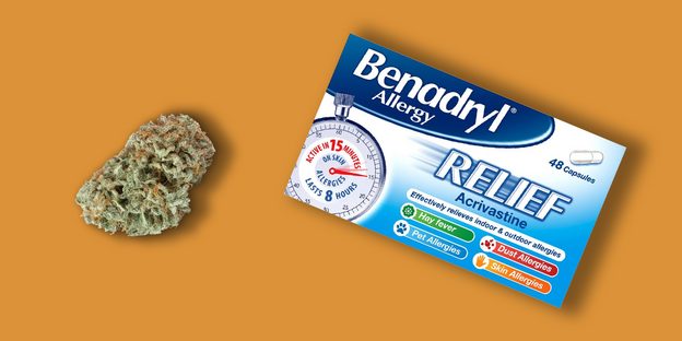 cannabis bud beside a Benadryl box