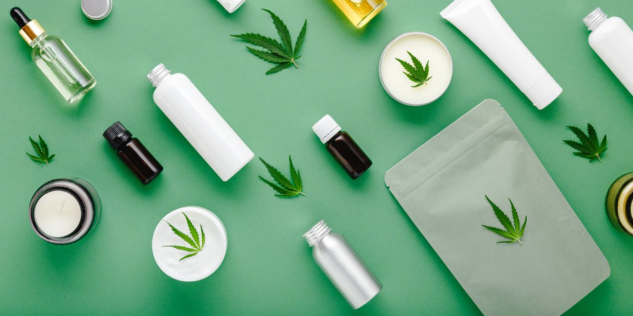 CBD products and cannabis leaves