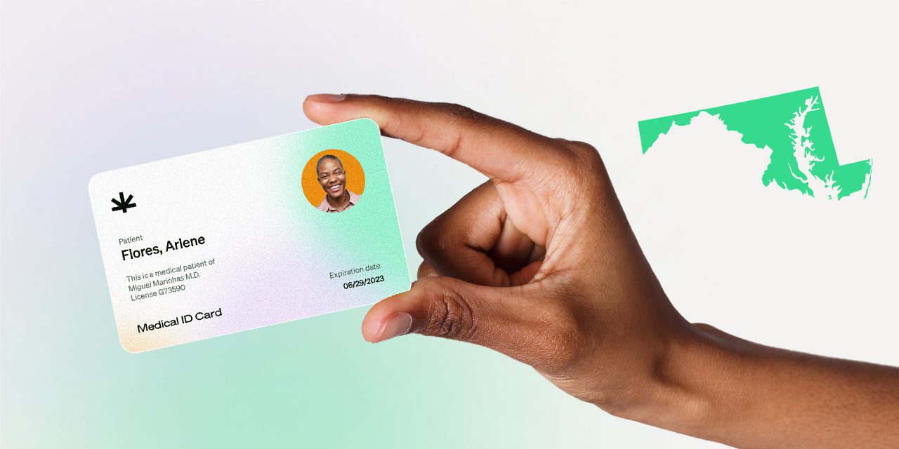 graphic of a person holding a medical card white green outline of Maryland in background