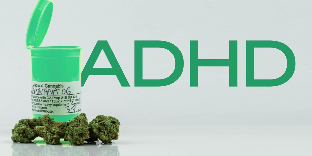 marijuana buds outside an opened green prescription container with ADHD writings on the background