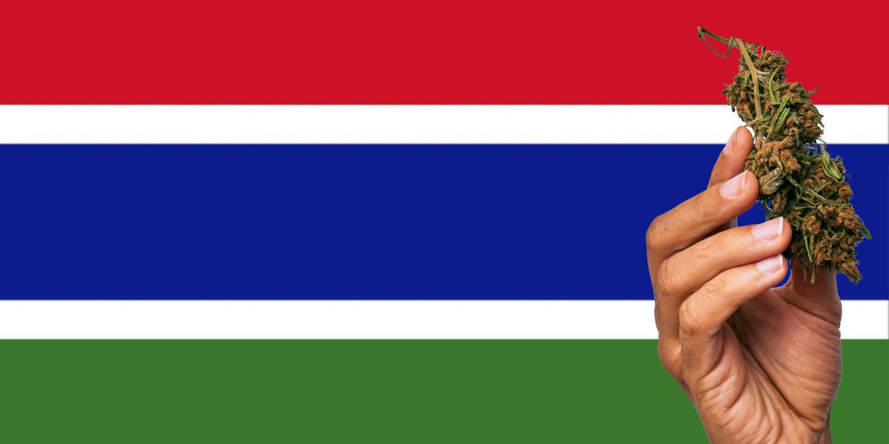 The Gambia flag with a hand holding a marijuana infront of it