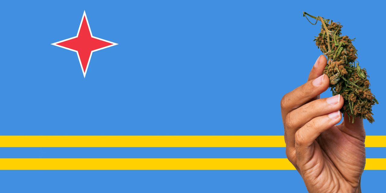 Aruba flag with a hand holding a marijuana infront of it