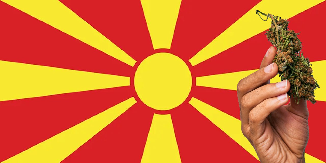 North Macedonia flag with a hand holding a marijuana infront of it